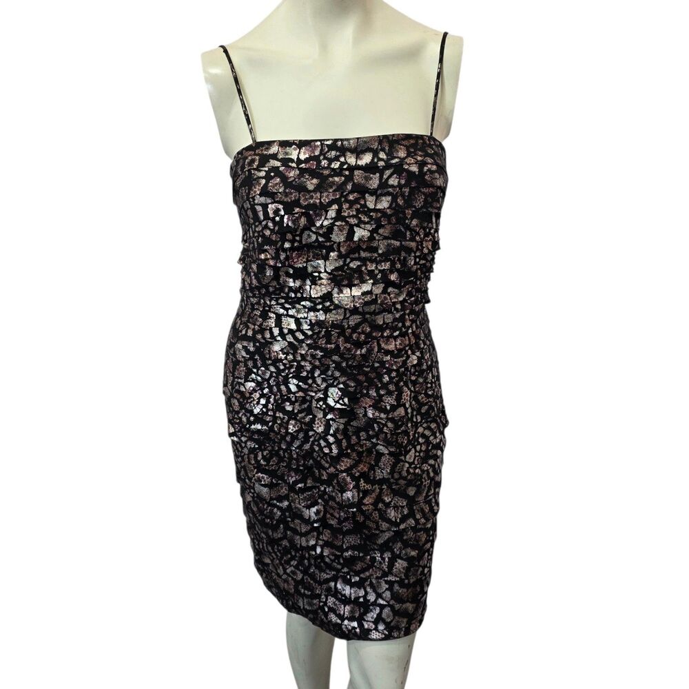 Dressbarn Collection‎ 8 Metallic Ruched Cocktail Dress Black Silver Party Midi
